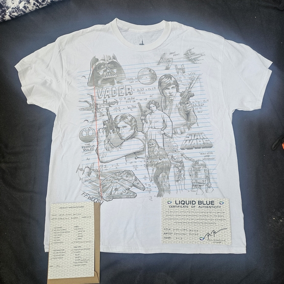 Y2K Star Wars Sketch T Shirt Sz XL Liquid Blue COA Disney One Of A Kind Sample